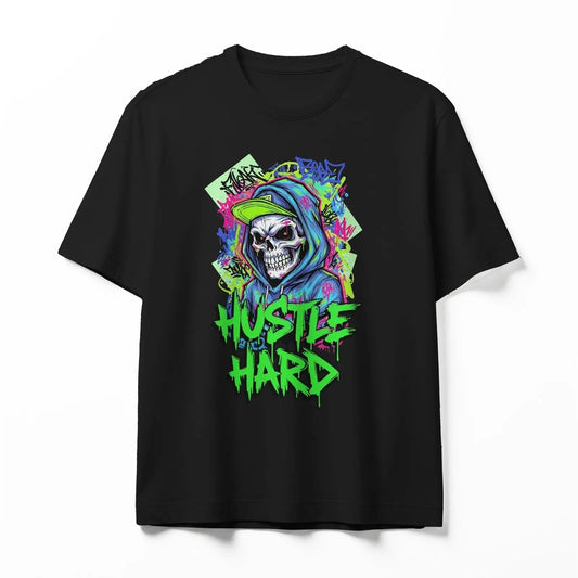 Hustle Hard Skull Graffiti T-Shirt - ZHERVIA