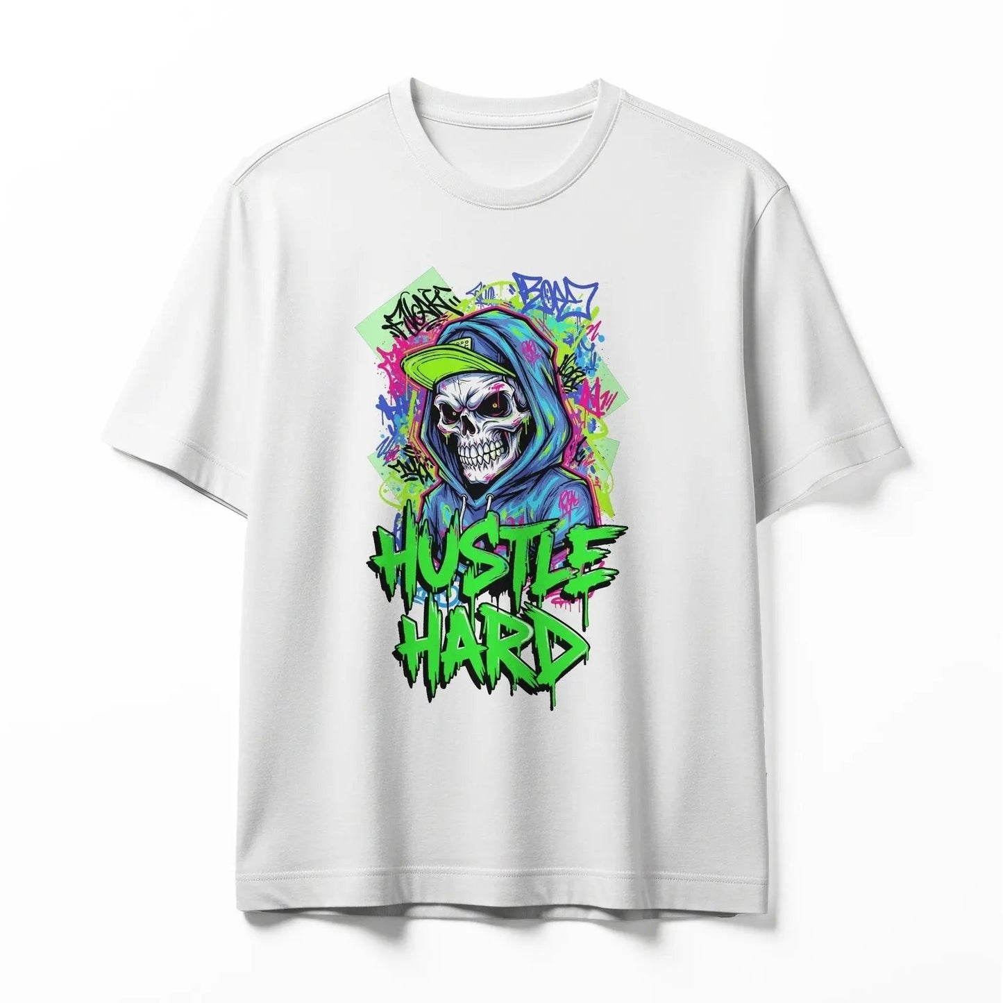 Hustle Hard Skull Graffiti T-Shirt - ZHERVIA