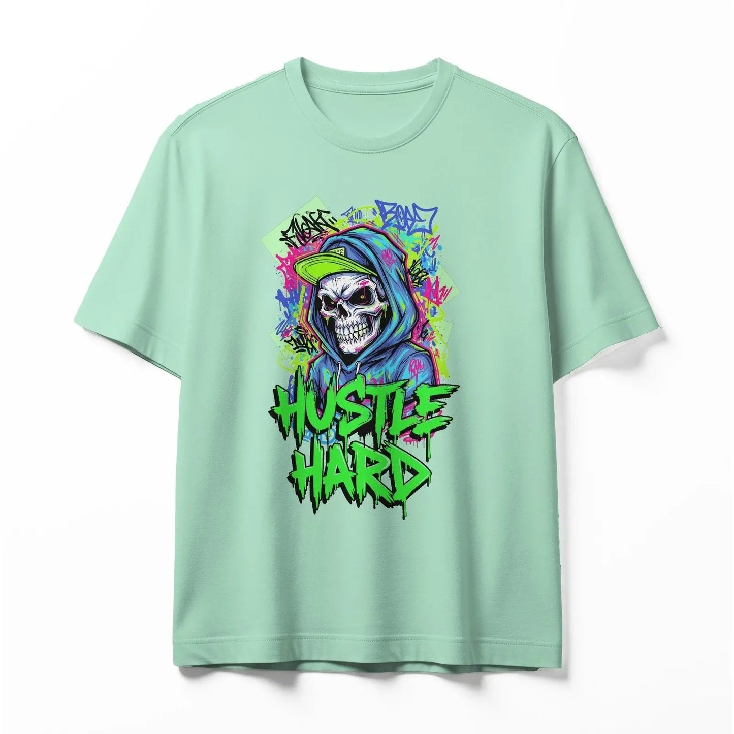 Hustle Hard Skull Graffiti T-Shirt - ZHERVIA